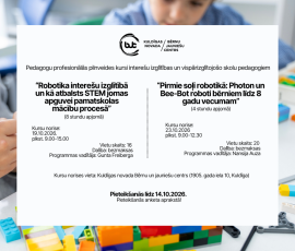 Aicinām pedagogus pieteikties bezmaksas profesionālās pilnveides kursiem robotikā